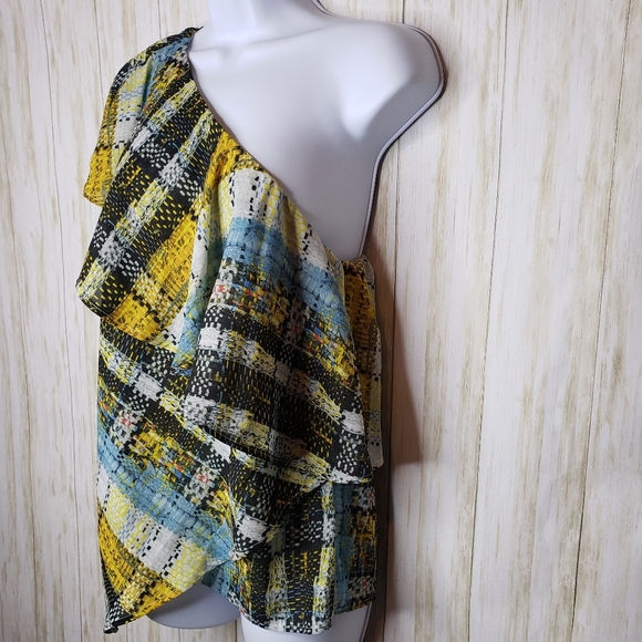 Project Runway Top Asymmetrical One Shoulder Plaid Yellow Black Size Small NWT - Picture 2 of 13